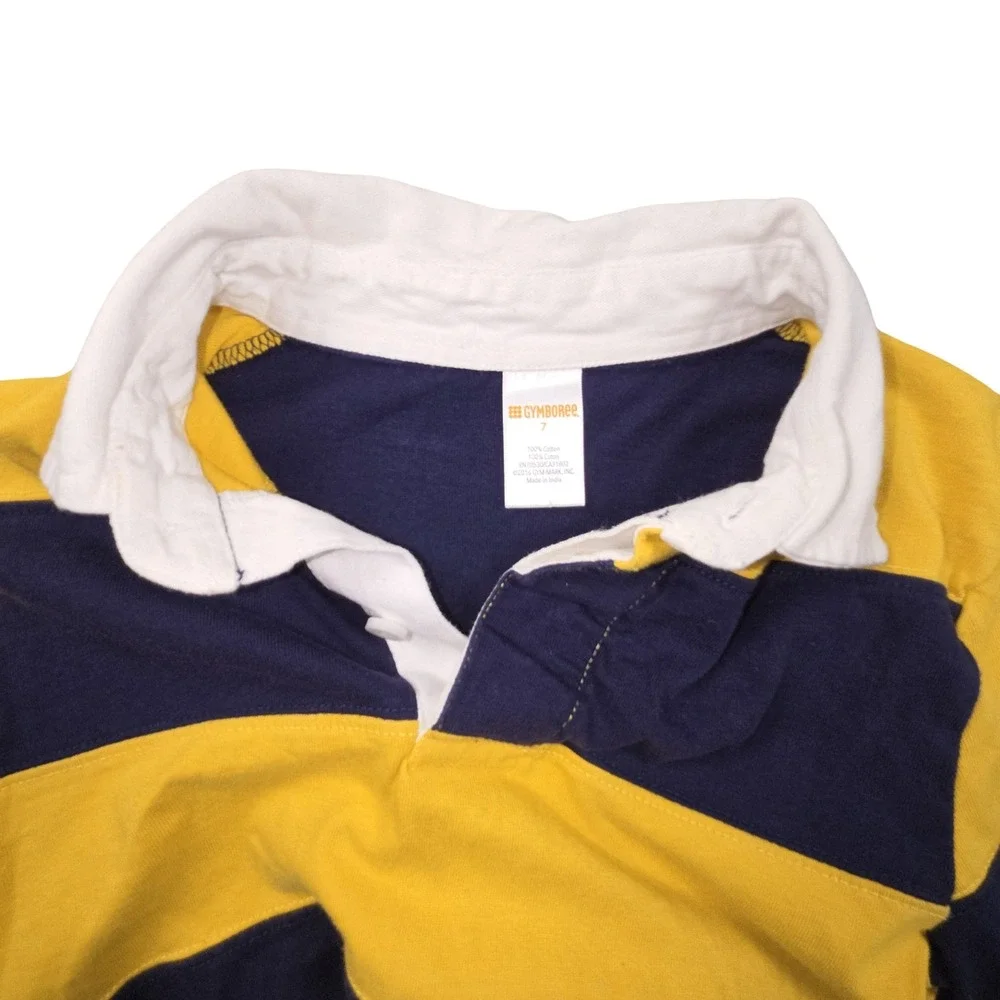 Gymboree Boys Size 7 Rugby Shirt Navy Blue Yellow Striped Long Sleeve Preppy Y2K